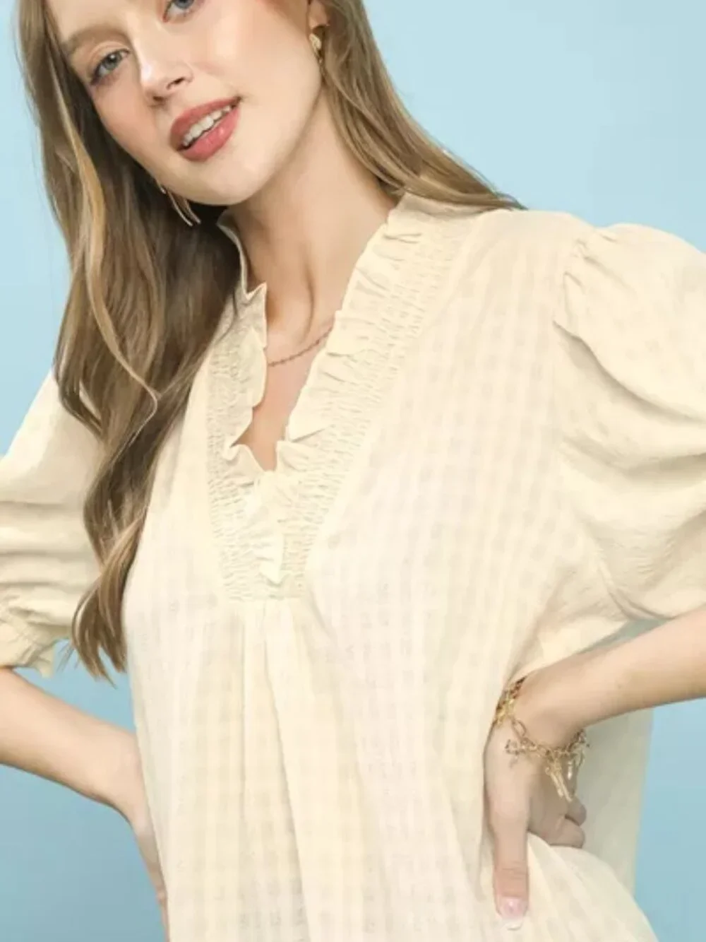 Umgee Textured Check Ruffle V-Neck Blouse - Picture 4 of 6